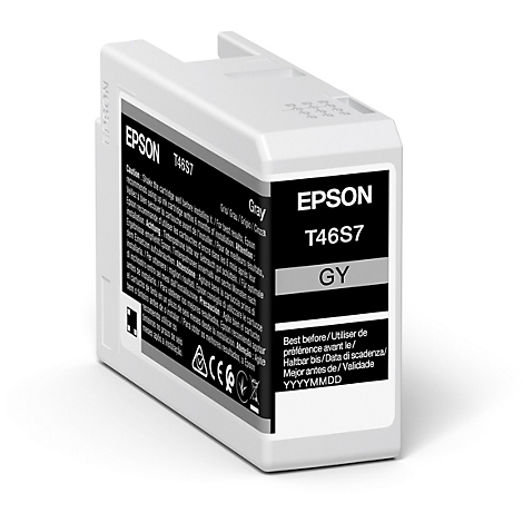 Graue Epson T46S7 Tintenpatrone, seitliche Ansicht, mit Produktbeschriftungen und Haltbarkeitsdatum.