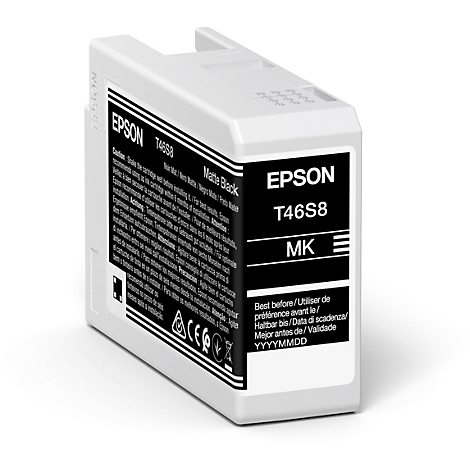 Schwarze Epson Tintenpatrone, Modell T46S8, mit weißem Gehäuse und schwarzer Beschriftung.