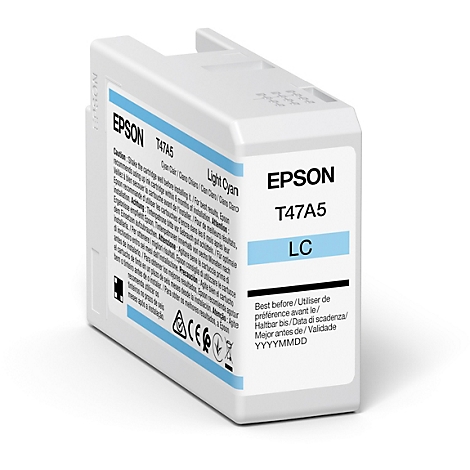 Hellblaue Tintenpatrone von Epson mit Aufdrucken und Produktdaten.
