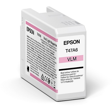Nahaufnahme einer Epson Tintenpatrone, die "Vivid Light Magenta" enthält. Aufschrift: T47A6 VLM. Hinweis zur Anwendung.