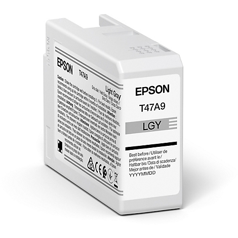 Hellgraue Epson-Tintenpatrone mit Produktbezeichnung. Aufschrift mit Warnhinweisen und Verfallsdatum.