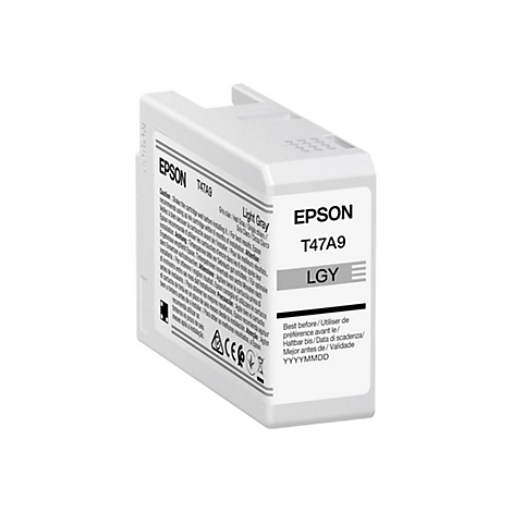 Cartouche d'encre Epson gris clair avec informations produit et avertissements. Texte : "EPSON T47A9 LGY".