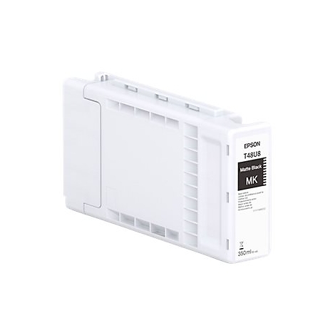 Weiße, längliche Tintenpatrone mit Aufdruck "EPSON T48U8 Matte Black MK" und einem Fassungsvermögen von 350ml.