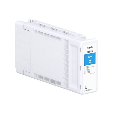 WeiÃŸer TintenbehÃ¤lter mit blauem Etikett. Aufschrift: Epson T50U2 Cyan C 350ml.