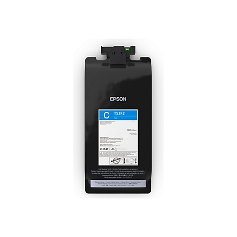 Eine blaue Epson Tintenpatrone, die die Bezeichnung T53F2 trägt. Auf der Patrone sind Logos und Produktinformationen abgebildet.