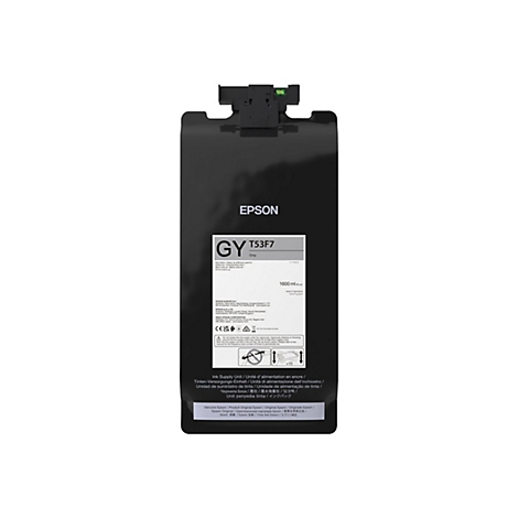 Graue Epson Tinte T53F7. Der schwarze Tintenbehälter ist mit Etiketten versehen. Der Deckel ist schwarz.