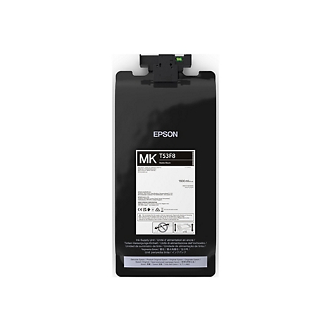 Schwarze Epson Tinte. Aufdrucke mit Produktinformationen und Logo.