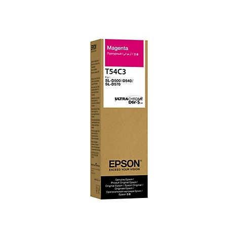 Magenta Tintenpatrone für Epson Drucker. Auf der Verpackung stehen Produktbezeichnungen und die Marke Epson.