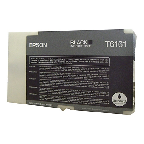 Schwarze Epson Tintenpatrone T6161. Aufschrift: Black Ink Cartridge, Standard Capacity. Mehrsprachiger Text. Schwarze und weiÃŸe Farbgebung.