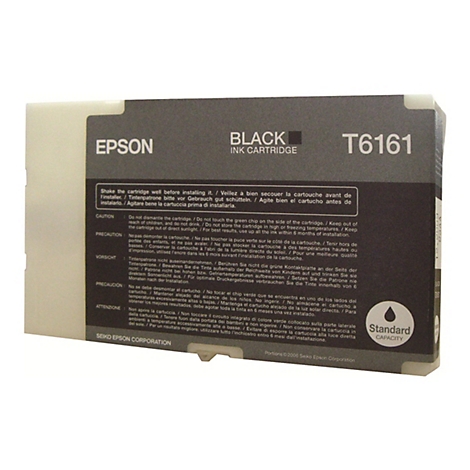 Schwarze Tintenpatrone von Epson, Modell T6161, Text auf Englisch und anderen Sprachen.