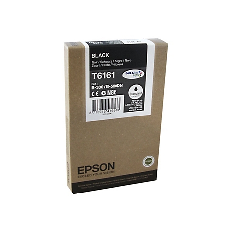 Schwarze Tintenpatrone in brauner Verpackung. Aufdruck mit Produktinformationen: BLACK, T6161 und EPSON.