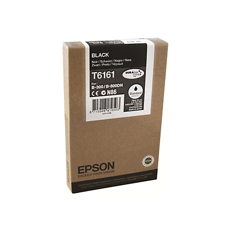 Schwarze Epson Tintenpatrone T6161, Produktverpackung. Aufschrift: BLACK, Modell, etc. Vor weiÃŸem Hintergrund.
