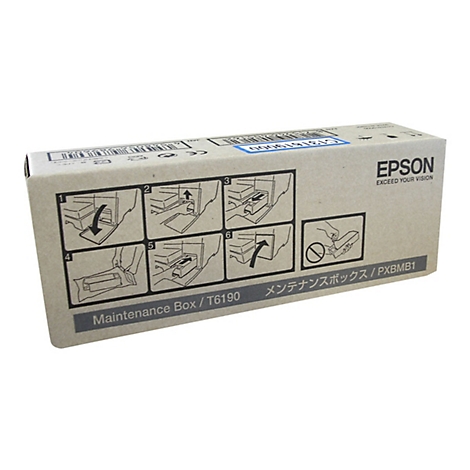 Eine rechteckige, braune Box mit Anweisungen und dem Epson-Logo. Aufschrift: 'Maintenance Box / T6190'.