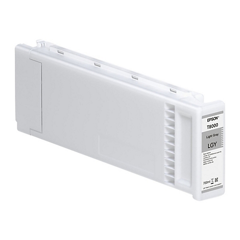 Hellgraue Epson T8000 Tintenpatrone, Seitenansicht. Aufschrift: Light Gray, LGY.