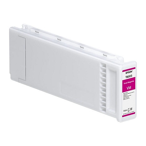 Eine weiße Epson-Tintenpatrone mit Aufschrift "Vivid Magenta" und weiteren Informationen. Aufdrucke: "T8003", "700ml".