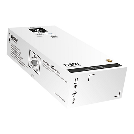 Weiße Epson Tintenpatronen-Box mit schwarzer Aufschrift und Logo, diagonal von links oben nach rechts unten. Produktname und Spezifikationen.
