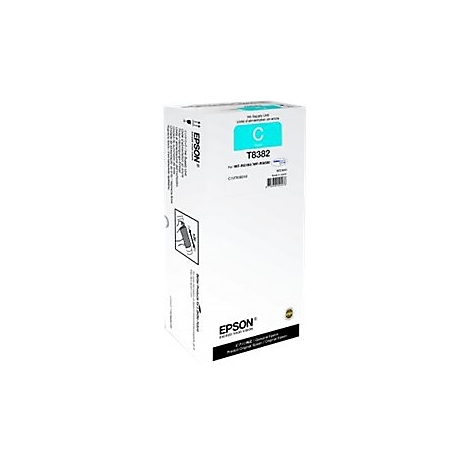 Eine Druckerpatrone der Marke Epson. Die Verpackung ist weiÃŸ mit cyanfarbenem Akzent und dem Aufdruck C T8382.