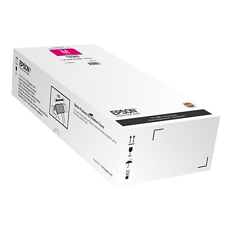 WeiÃŸe Epson Tintenpatronen-Verpackung. Pinkfarbener Aufkleber mit Produktinformationen. Aufdruck von 'EPSON' und Logos.