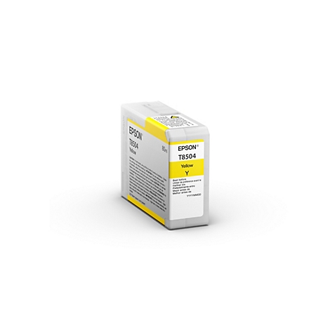 Gelbe Epson T8504 Tintenpatrone, vor weißem Hintergrund. Der Text auf der Patrone lautet "EPSON T8504 Yellow".