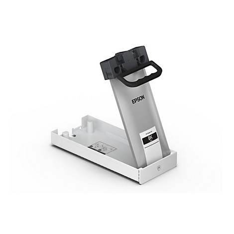 Une cartouche d'imprimante se trouve dans un support blanc. La cartouche indique Epson et BK.