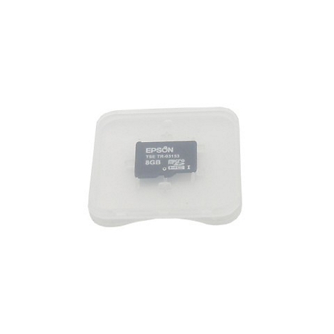 Micro-SD-Karte in transparentem Kunststoffcase. Auf der Karte steht "EPSON", "8GB" und weitere Angaben.