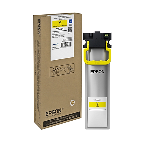 Gelbe Epson-Tintenpatrone neben der braunen Produktverpackung. Aufgedruckte Schrift: T9454.