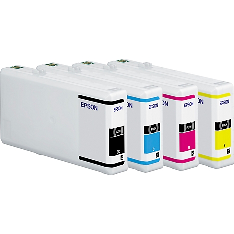 Vier Tintenpatronen in Weiss, Schwarz, Cyan, Magenta und Gelb, mit dem Epson-Logo. Alle sind in einer Reihe angeordnet.