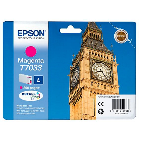 Eine Packung Epson T7033 Magenta Tinte vor dem Big Ben. Aufgedruckt sind Angaben zur Reichweite und Kompatibilität.