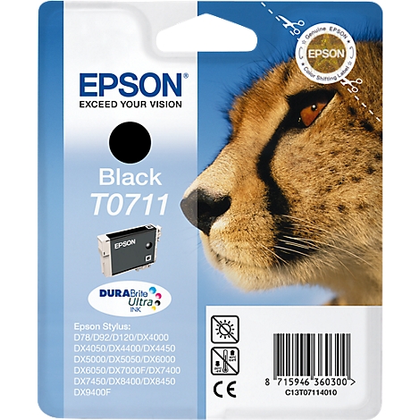 Schwarze Epson Tintenpatrone mit Cheeta-Gesicht. Die Patrone trägt die Bezeichnung T0711.
