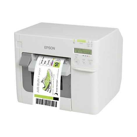 Ein weiÃŸer Epson-Etikettendrucker druckt ein Etikett mit einem grÃ¼nen Sneaker-Design.