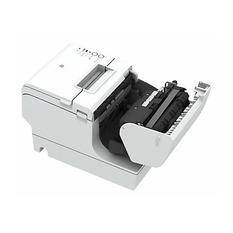Ein weißer Thermodrucker mit geöffneter Klappe, um das Innenleben zu zeigen. Oben befinden sich Kontrollleuchten und Knöpfe.