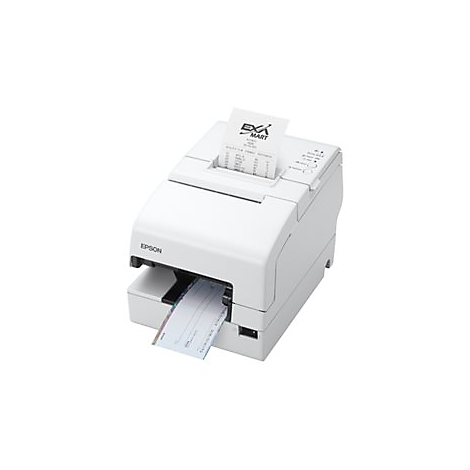 Weißer Bondrucker mit Beleg und Scheck. Druckerlogo: Epson.