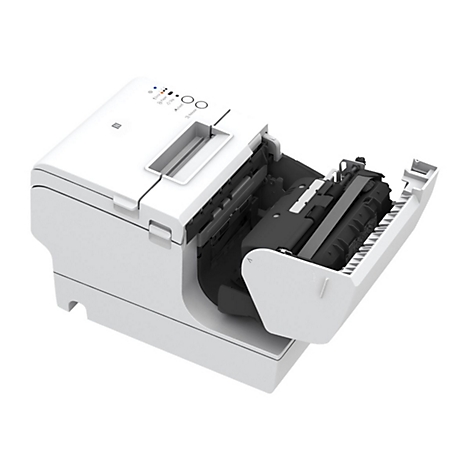 Weißer Drucker mit geöffneter Klappe. Schwarze Walzen und Bedienfeld mit Kontrollleuchten sind sichtbar.