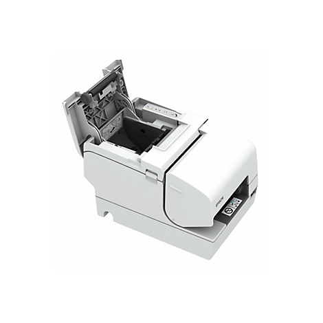 Weißer Drucker, Oberseite geöffnet. Details des Mechanismus und des Papierfachs sind sichtbar. Auf der Vorderseite steht „Epson“.