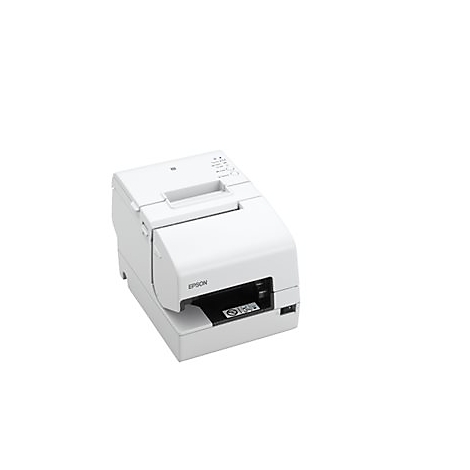 Weißer Thermodrucker, Marke Epson, vor weißem Hintergrund.