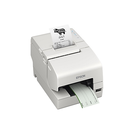 Ein weißer Epson-Thermodrucker druckt einen Beleg für Bull Burger Texas. Auf dem Beleg stehen die Artikel und Preise.