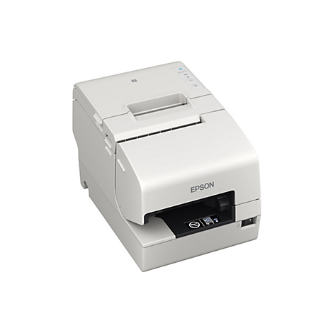 Drucker, weiß, Epson. Auf der Oberseite befinden sich Bedienelemente und ein N-Symbol. Auf der Vorderseite befinden sich eine Papieraustrittsöffnung und das Epson-Logo.