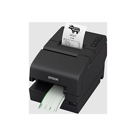 Schwarzer Epson-Thermodrucker mit Bull Burger Texas-Bon. Ein Scheck wird ausgegeben.