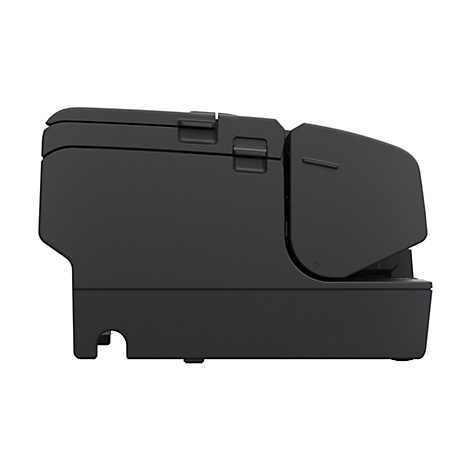 Schwarzer Drucker im Profil, Detailansicht. Deckel, Klappe mit Dreieck und Bedienfeld.