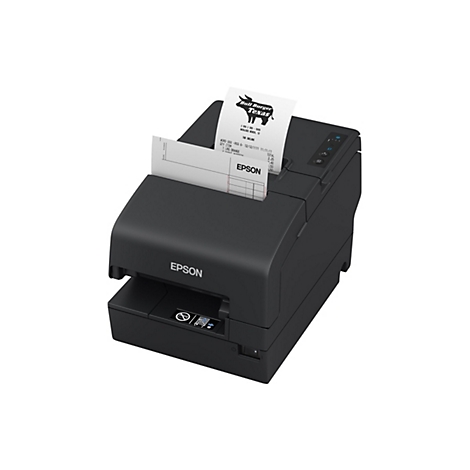 Ein schwarzer Bondrucker mit einem Beleg, der teilweise herausragt. Auf dem Beleg ist das Logo von Bull Burger Texas und Bestellinformationen zu sehen. Das Epson Logo ist prominent auf dem Drucker platziert.