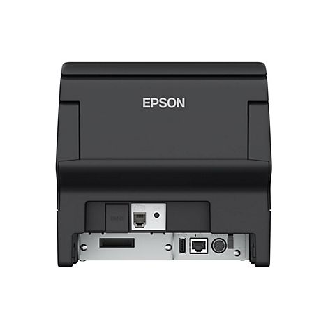Schwarzer Drucker mit "EPSON" Logo. Rückansicht mit Anschlüssen, u.a. LAN und USB.