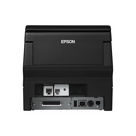 Rückansicht eines schwarzen Epson Druckers mit Anschlüssen. Der Epson Schriftzug ist prominent.