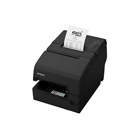 Ein schwarzer Bondrucker mit einem Kassenbon. Der Bon zeigt Artikel und Preise. Das Epson Logo ist prominent zu sehen.