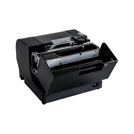 Schwarzer Bondrucker mit offenem Fach. Sichtbar sind das Papierfach und der Stromanschluss.