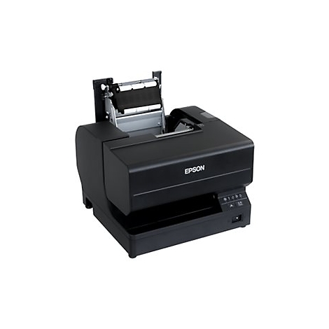 Schwarzer Drucker mit offenem Papierausgang, EPSON-Logo. Bedienelemente unten rechts.