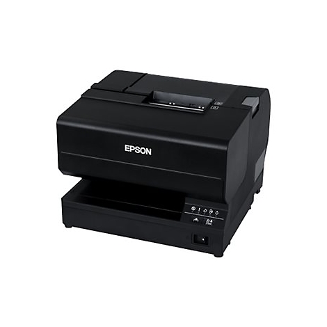 Schwarzer Drucker mit Epson-Logo, Papierausgabefach und Bedienfeld. Stromanschluss unten rechts.