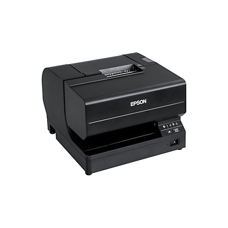 Schwarzer Drucker mit Epson-Logo. Papierausgabefach unten, Bedienfeld mit Tasten und Anzeigelampen.