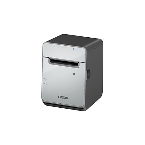 Ein grauer Epson-Thermodrucker. Auf der Vorderseite stehen die Worte EPSON und zwei Knöpfe. Eine blaue LED-Anzeige.