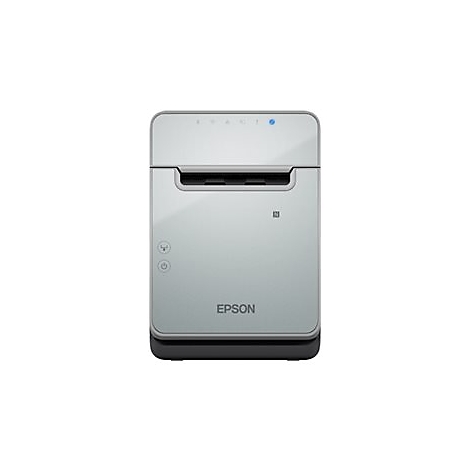 Ein grauer Epson-Thermodrucker, Frontansicht, isoliert auf weißem Hintergrund. Oben Leuchtelemente, mittig Papiereinzug, unten Bedienknöpfe.