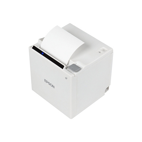 Ein weißer Bondrucker mit auslaufendem Papier. Oben rechts befinden sich zwei Knöpfe. Der Drucker hat das Epson Logo.